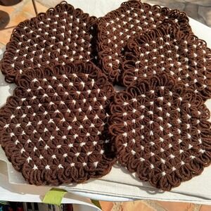 VTG Handmade Crochet 5 pc Trivet Hot Pad Hexagon Brown White Star Granny Core